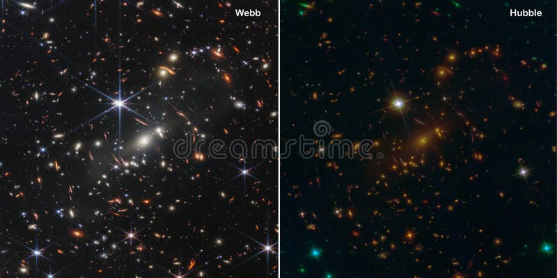 Webb and Hubble telescopes side by side comparisons visual gains. Cluster of galaxies SMACS 0723.