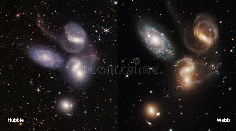 Webb and Hubble telescopes side-by-side comparisons visual gains. Stephanâ€™s Quintet Galaxies