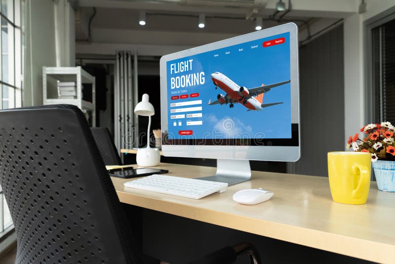 Webbsidan för onlineflygbokning tillhandahåller moskbokningssystem. reseteknikkoncept.