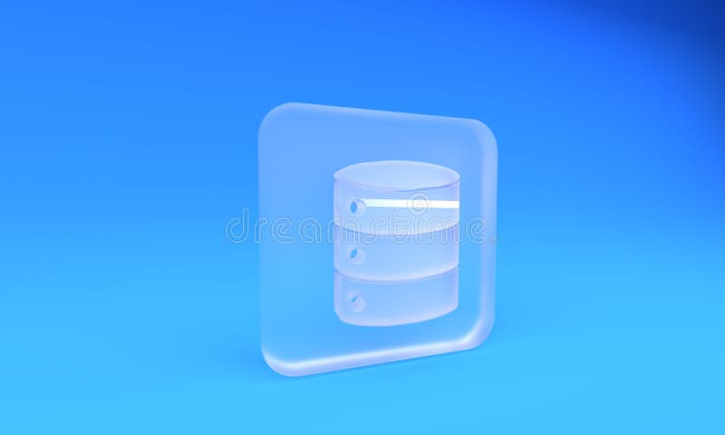 Webbvärdsikonen för serverdata i frostat glas isolerad på blå bakgrund. Knappen 3D-rendering i fyrkantigt frostigt glas stock illustrationer