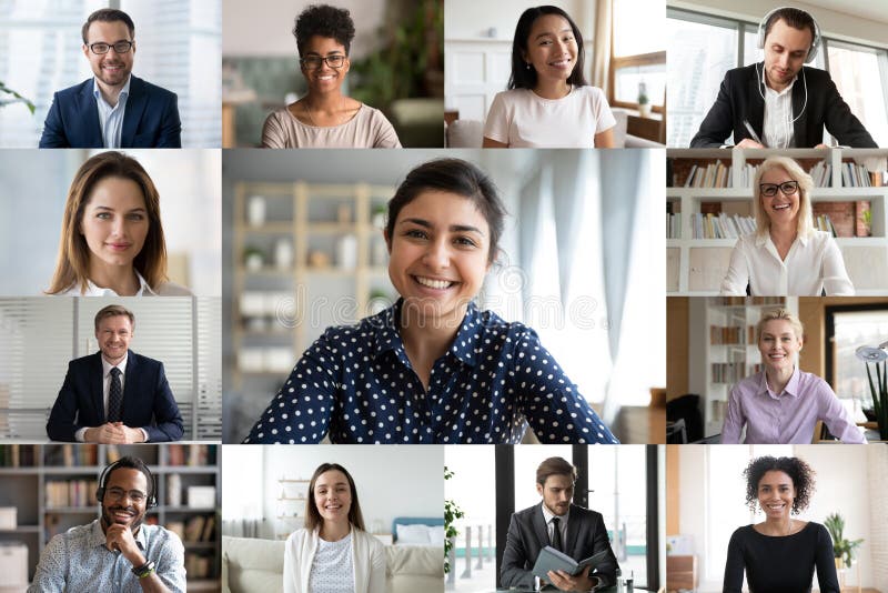 Webcam écran voir les hommes d'affaires multiraciaux impliqués dans la vidéoconférence de groupe images stock