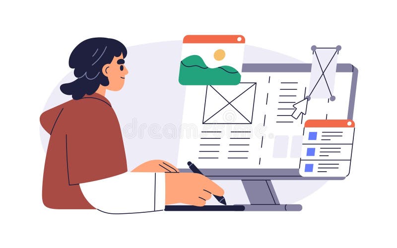 Webdesignerlayout. Entwicklung von Benutzeroberfläche und Webseitendesign am Computer. Landefläche lizenzfreie abbildung