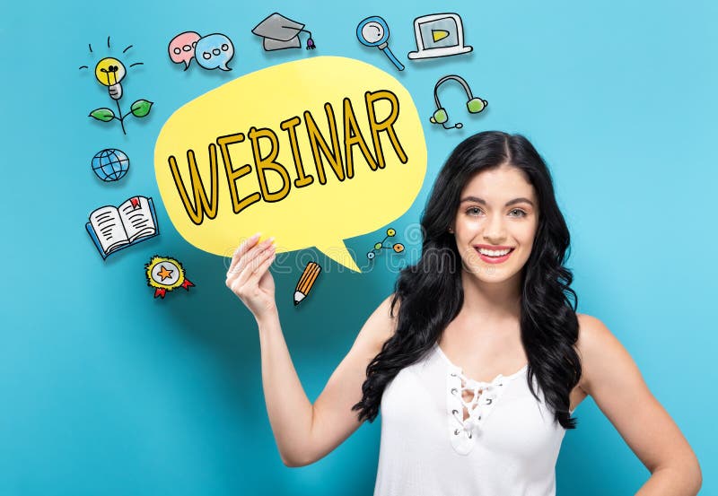 Webinar con la donna che tiene un fumetto immagine stock Webinar con la donna che tiene un fumetto immagine stock