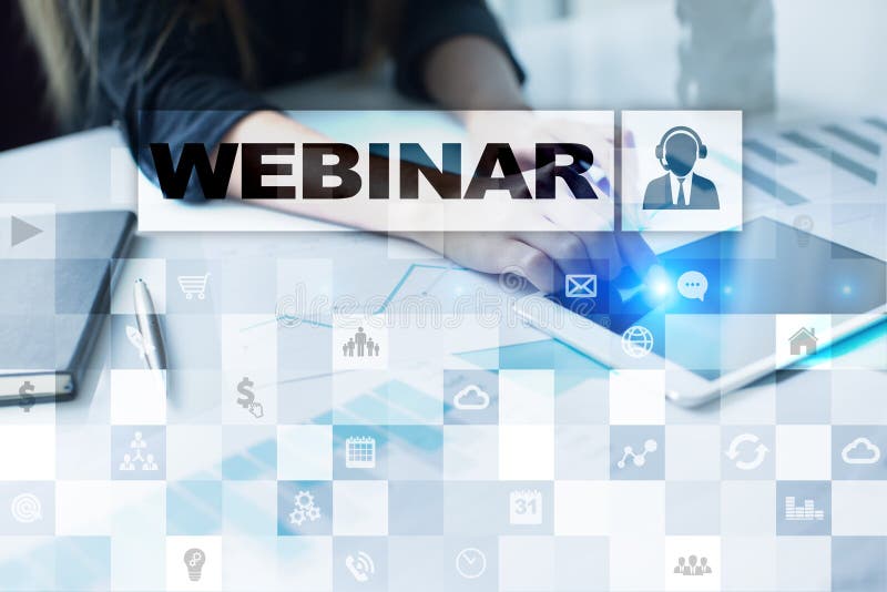 Webinar. E-Learning, Online Education concept. Personal development. Virtual screen. royalty free stock photo