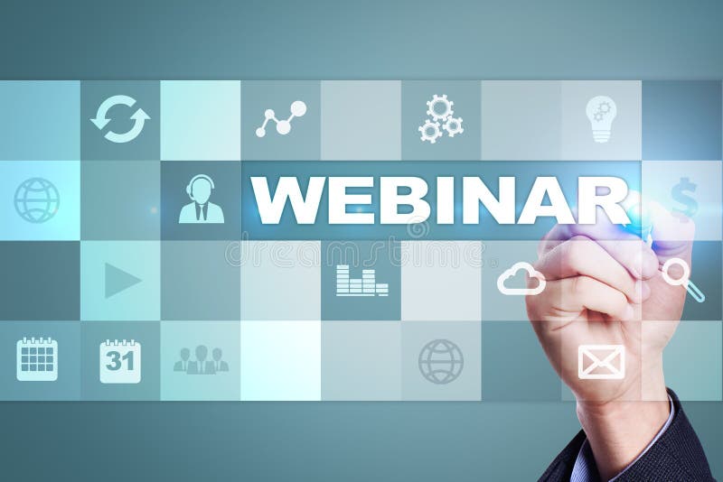 Webinar. E-Learning, Online Education concept. Personal development. Virtual screen. royalty free stock photo