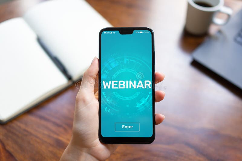 Webinar E-learning Online Training Coaching Education concept on mobile phone screen. stock images Webinar E-learning Online Training Coaching Education concept on mobile phone screen. stock images