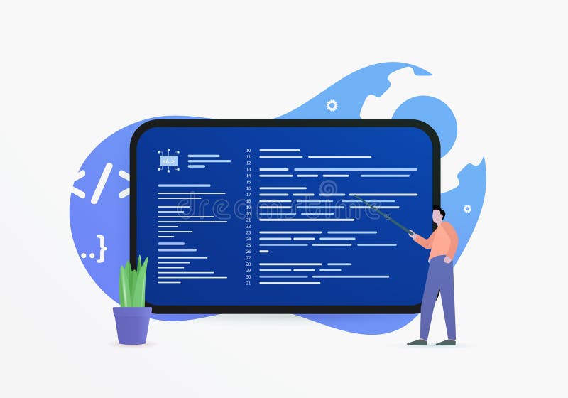 Webinar on object-oriented and functional programming languages concept. Machine code on the desktop display screen stock illustration