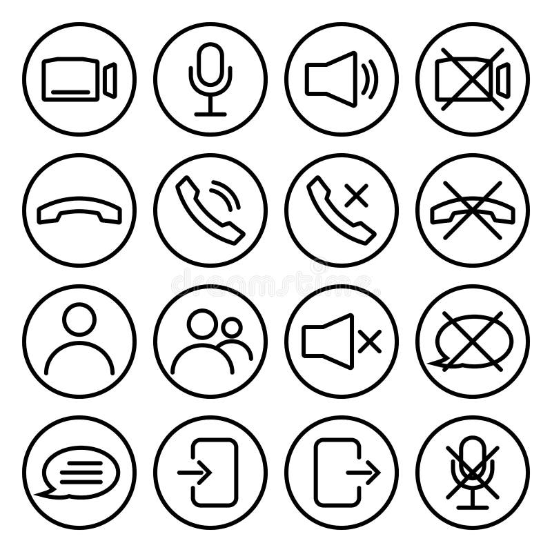 Webinar stream or video chat control icons. Speaker, microphone, video camera, phone, record and other related icons. Basic icons