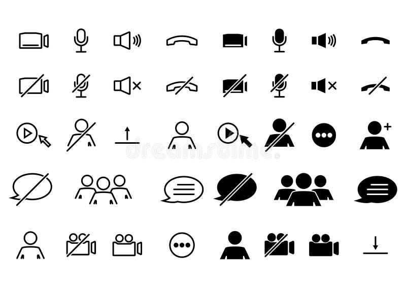 Webinar stream or video chat control icons. Speaker, microphone, video camera, phone, record and other related icons. Basic icons