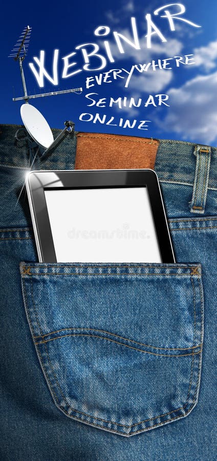 Blue jeans with black tablet computer, antennas, and written webinar, everywhere, seminar and online on blue sky. Blue jeans with black tablet computer, antennas, and written webinar, everywhere, seminar and online on blue sky