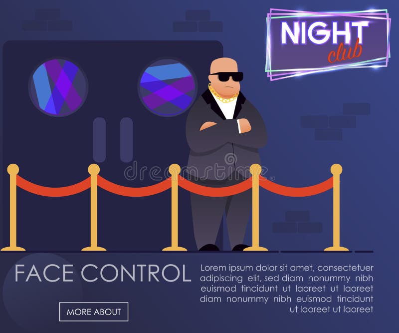 Professional Face Control at Night Club Presentation Webpage Layout. Big Bouncer, Serious Male Guard in Formal Suit Stand at Nightclub Entrance Outside. Security at Evening Party. Vector Illustration. Professional Face Control at Night Club Presentation Webpage Layout. Big Bouncer, Serious Male Guard in Formal Suit Stand at Nightclub Entrance Outside. Security at Evening Party. Vector Illustration