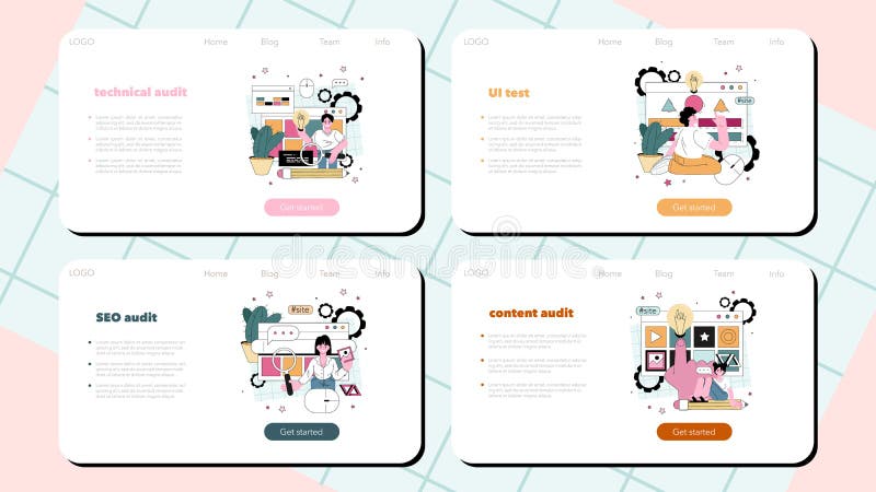 Website-Audit-Webbanner oder -Landing-Page-Set. Webseitenanalyse lizenzfreie abbildung