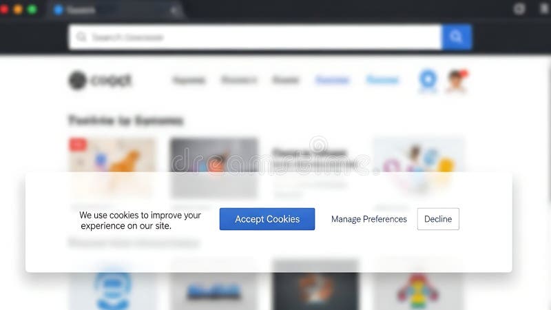 A close-up shot of a website interface displaying a cookie consent pop-up. The pop-up, set against a blurred background of the website's content, prompts the user to accept cookies, manage preferences, or decline. The focus is on the user's interaction with the website's privacy policy and data collection practices. This image is ideal for illustrating concepts of online privacy, data consent, and website user experience. User consent illustrations