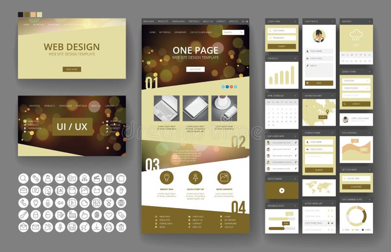 Website design template and interface elements. Website template, one page design, headers and interface elements. Bokeh defocused backgrounds.