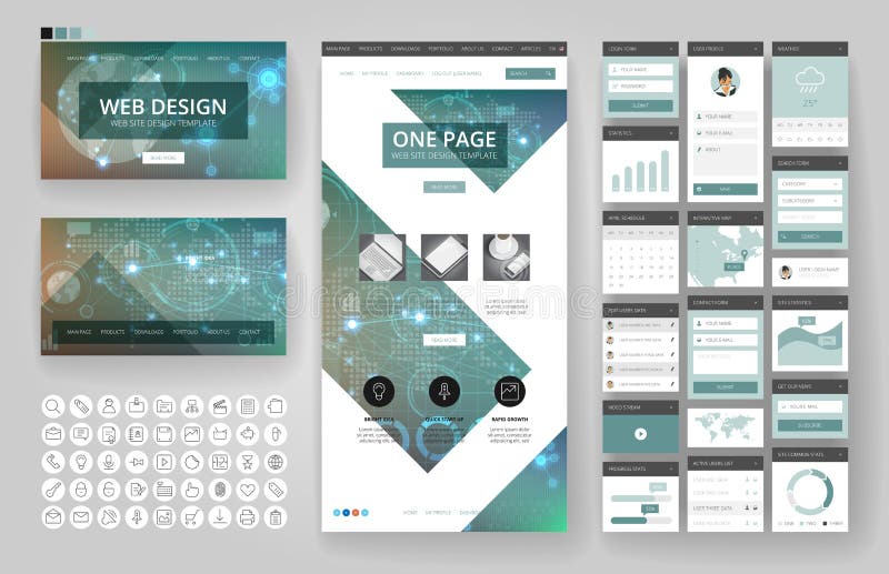Website design template and interface elements stock illustration