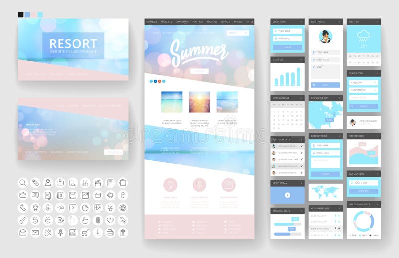 Website design template and interface elements stock illustration