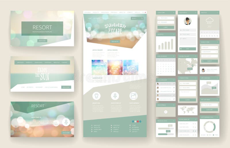 Website design template and interface elements stock illustration