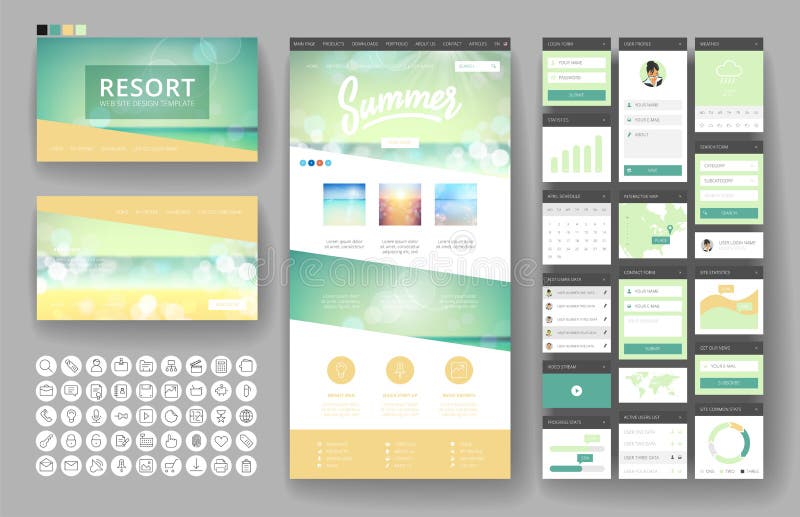 Website design template and interface elements stock illustration
