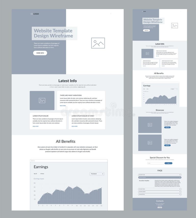 Website design template wireframe landing page for business. One page site site layout. stock illustration
