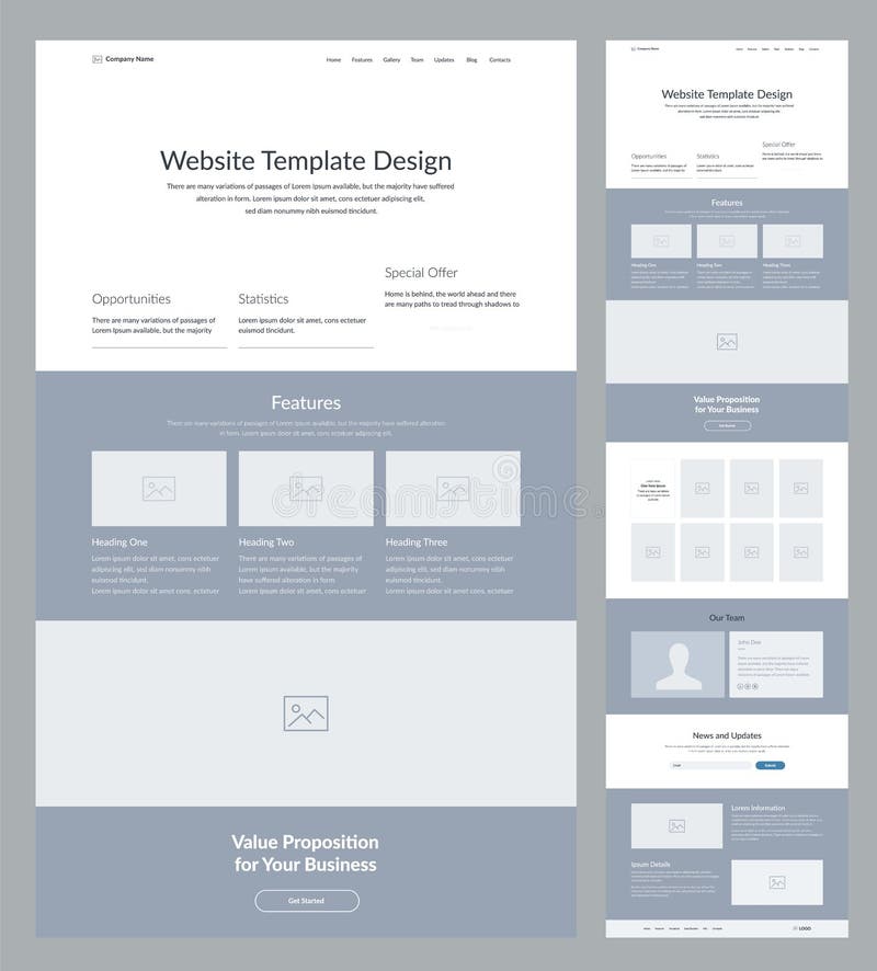 Website design template wireframe landing page for business. One page site site layout. royalty free illustration