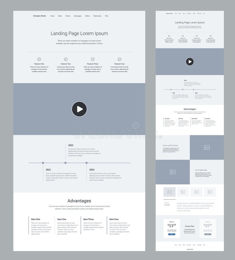 Website design template wireframe landing page for business. One page site site layout. vector illustration