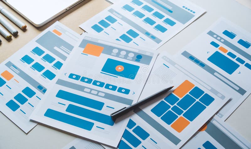 Website designer Creative planning application developer development draft sketch drawing template layout prototype framework wireframe design studio. User experience concept