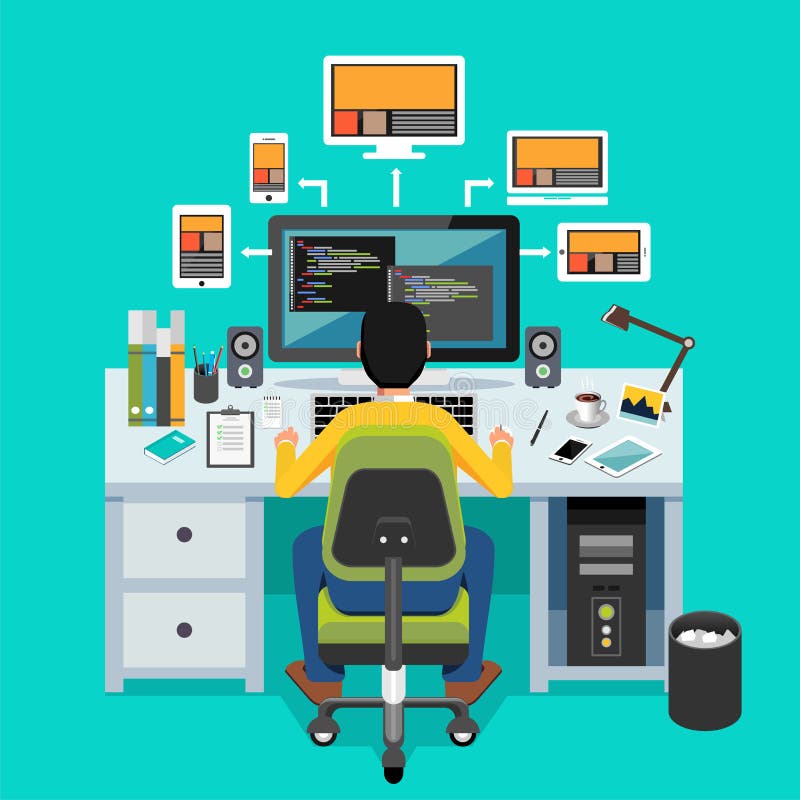 Website designer. Programmer working on desktop vector illustration