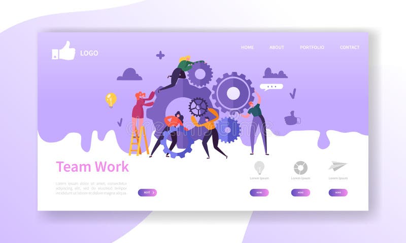 Website Development Landing Page Template. Mobile Application Layout with Flat Business People Running Gears. Team Work vector illustration