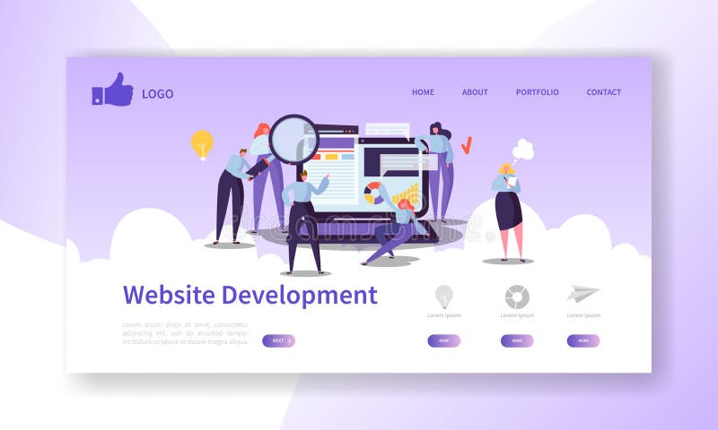 Website Development Landing Page Template. Mobile Application Layout with Flat People Characters and Laptop Easy to Edit royalty free illustration