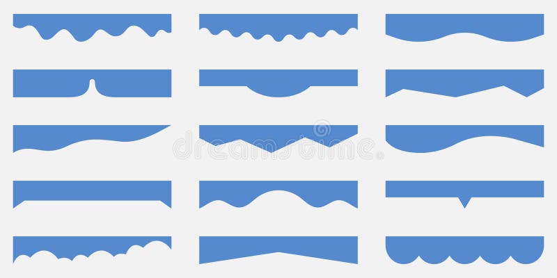 Website Divider Shape Collection. Abstract Design Elements for Web Page Tops and Bottoms. Wave Shapes, Curves, Drop stock illustration
