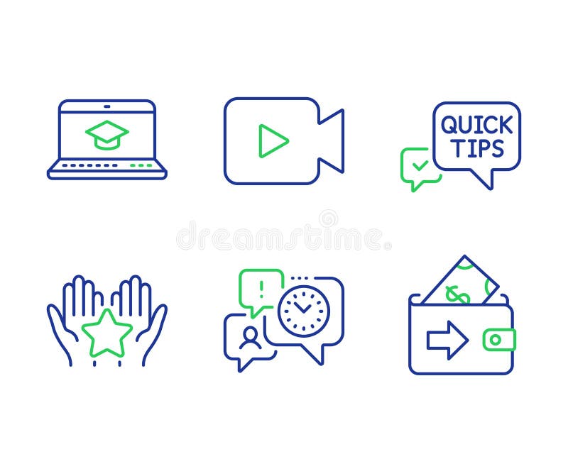 Website education, Quick tips and Video camera icons set. Ranking, Time management and Wallet signs. Vector royalty free illustration