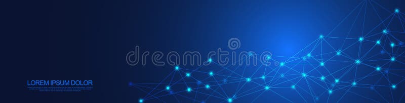 Website header or banner design with abstract geometric background and connecting dots and lines. Global network stock illustration