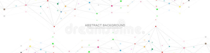 Website header or banner design with abstract geometric background and connecting dots and lines. Global network stock illustration