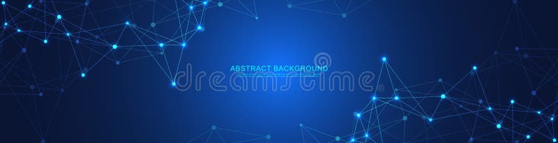 Website header or banner design with abstract geometric background and connecting dots and lines. Global network stock illustration