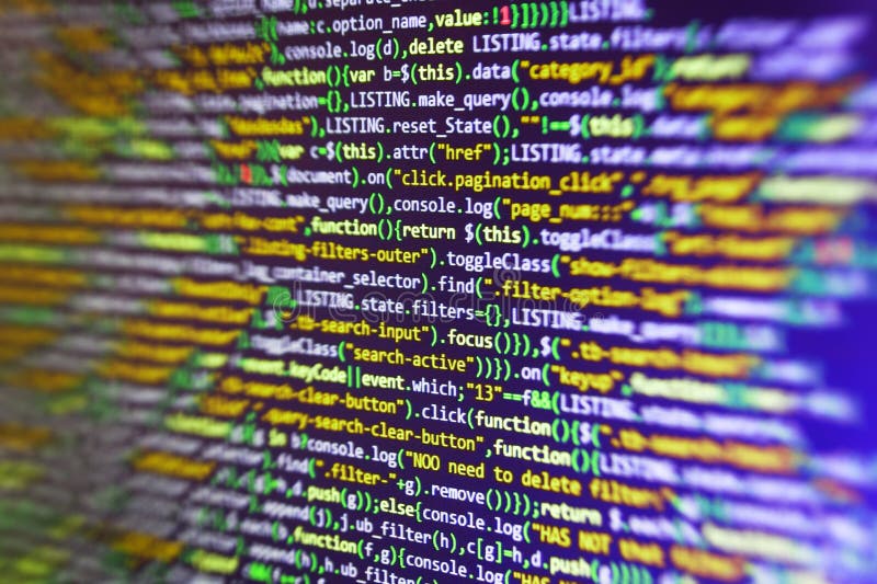 Website HTML-Code auf dem Laptop-Anzeigen-Nahaufnahme-Foto Javascriptfunktionen, Variablen, Gegenstände stockbild