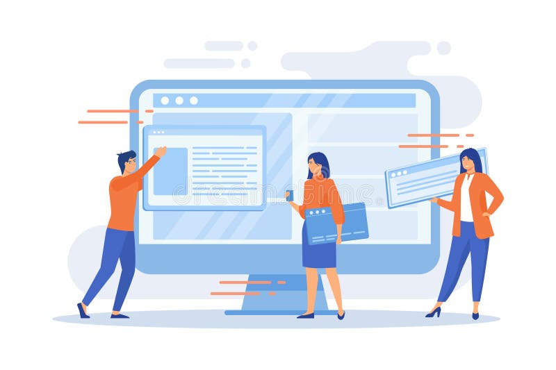 Website interface development planning. Devops team flat characters working. UI, UX, content design. Computer software creation stock illustration