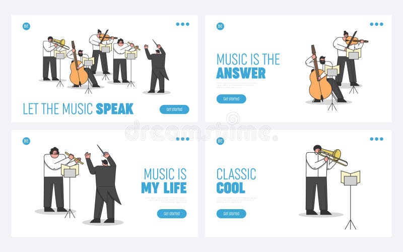 Website Landing Page Set. Symphony Orchestra Playing Classical Music Concert. Musicians with Instruments Led vector illustration Website Landing Page Set. Symphony Orchestra Playing Classical Music Concert. Musicians with Instruments Led vector illustration