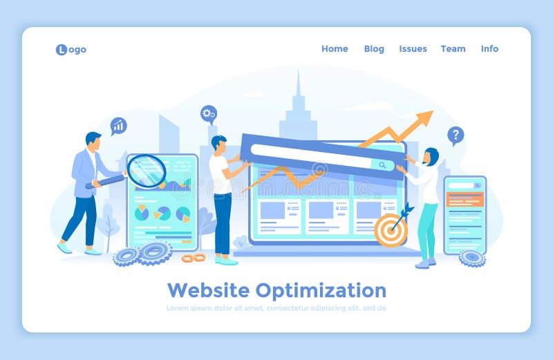Website Optimization, Analysis, Content writing, Keywording, Reporting, Design, SEO, Links building. Analytics team works vector illustration