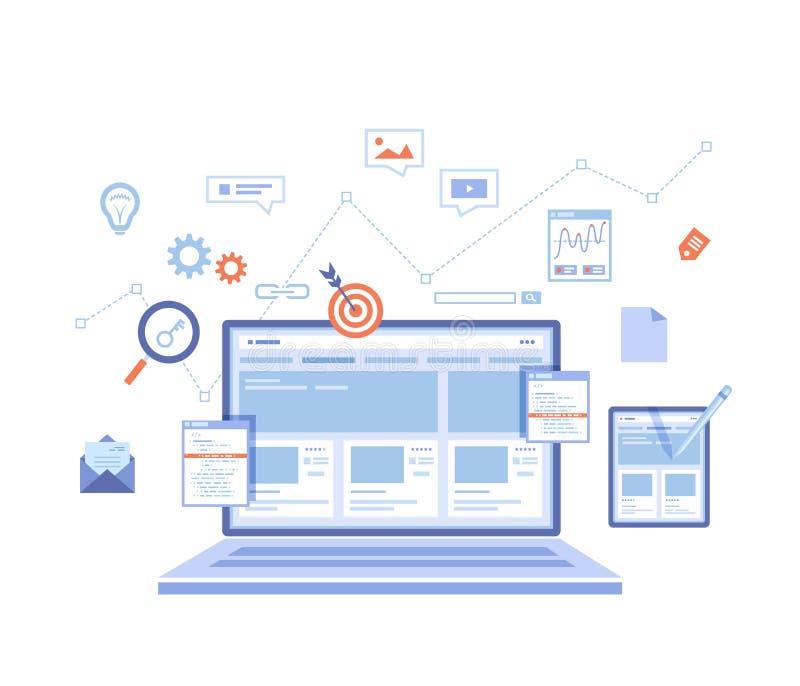 Website Optimization, Analysis, Content writing, Keywording, Reporting, Design, SEO, Links building. Website template on the lapto vector illustration Website Optimization, Analysis, Content writing, Keywording, Reporting, Design, SEO, Links building. Website template on the lapto vector illustration