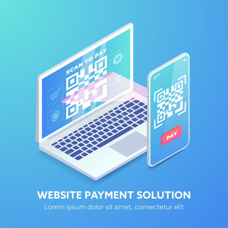 Website payment solution isometric banner. 3d QR code payment on website concept. Smartphone scanning barcode on laptop stock illustration