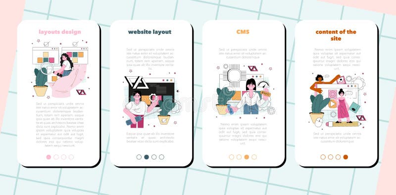 Website programming mobile application banner set. Content management stock illustration