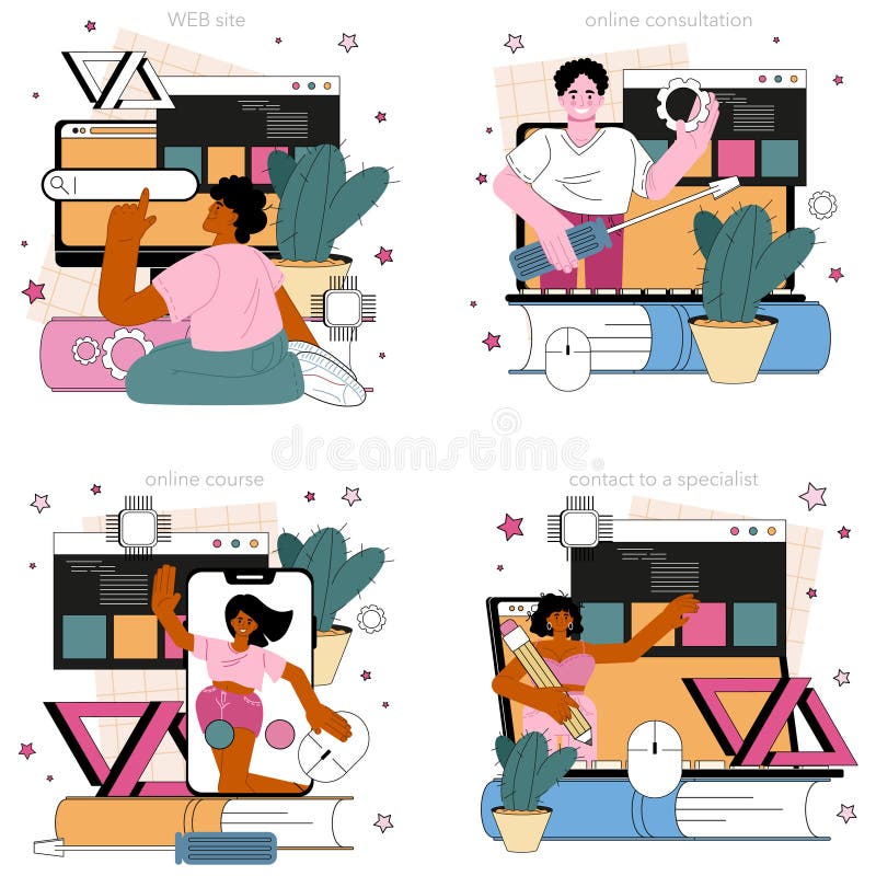 Website programming online service or platform set. Content management stock illustration