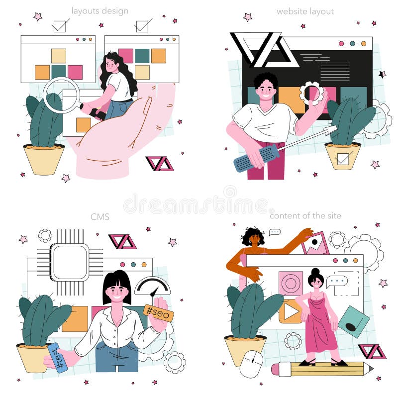 Website programming set. Content management system. Creation stock illustration