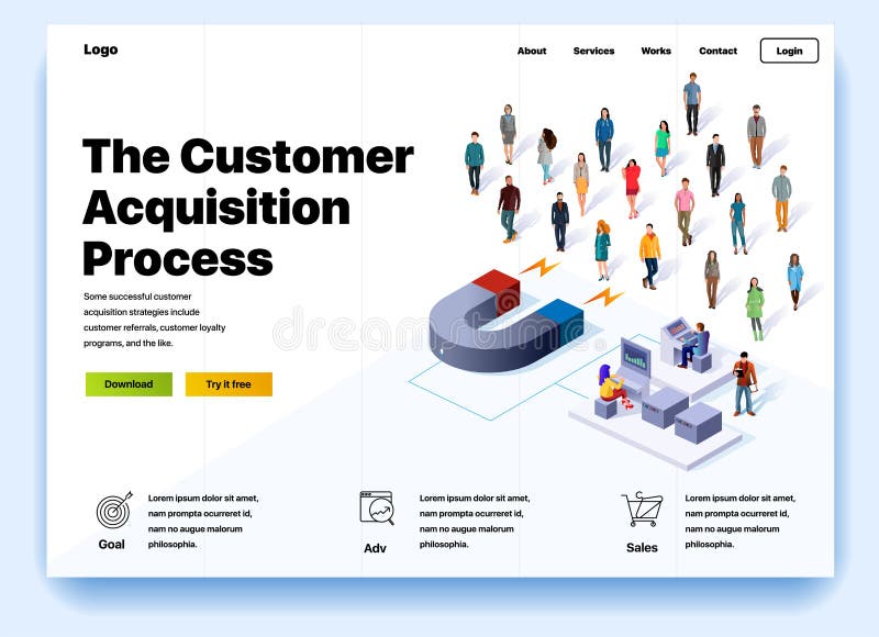 Website providing the service of the customer acquisition process stock illustration