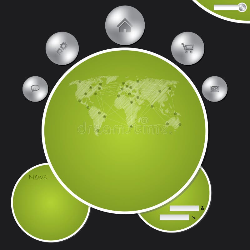 Website template with metallic buttons and world map vector illustration