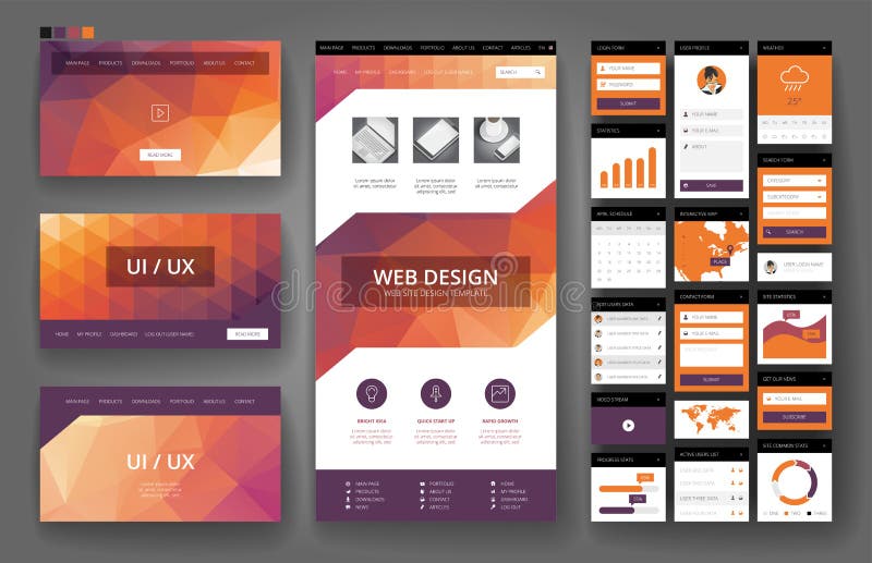 Website design template and interface elements stock illustration