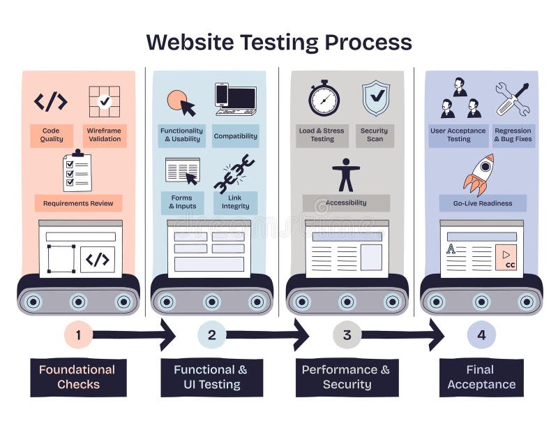 Website testing process shows four stages, foundational checks, UI testing,... royalty free illustration