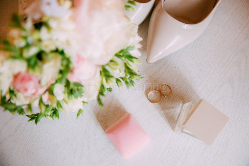 Wedding Accessories. Bouquet and Accessories of Bride Stock Image