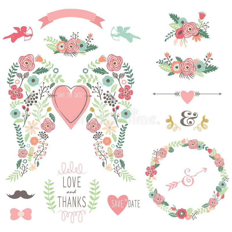 Wedding Angel Wing Vintage Flowers Wreath stock illustration