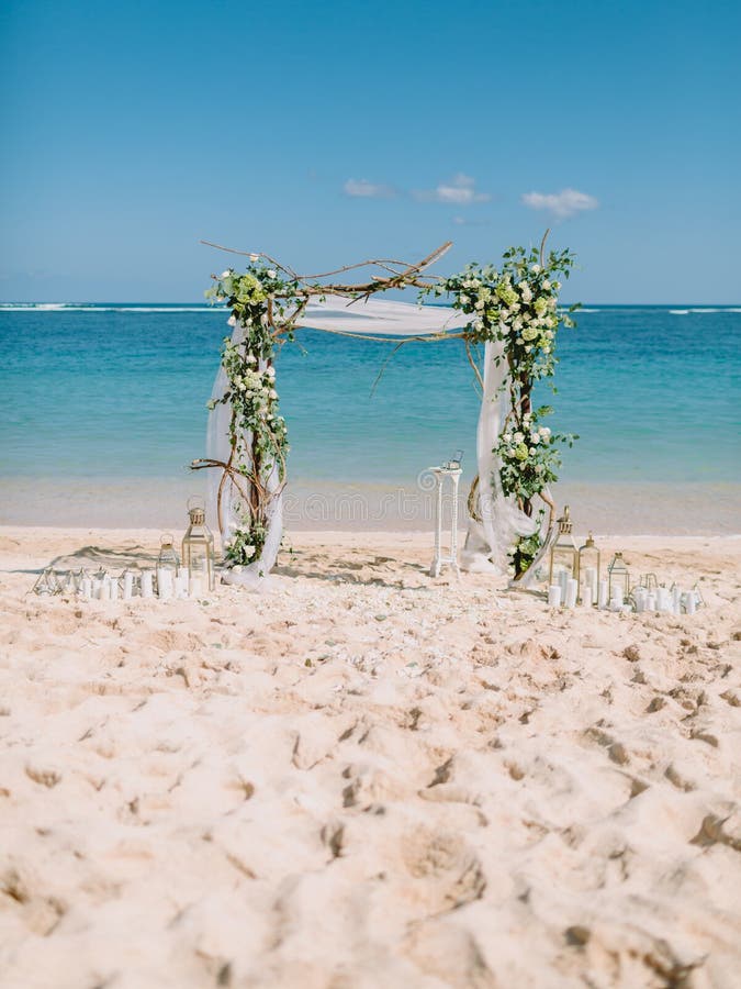 Wedding Arch With Beautiful Flowers, Petals And Blue Cloth. Wedding ...